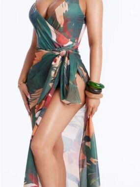 Solene 1 Piece Draped Swimsuit With Matching Sarong - Multi Color